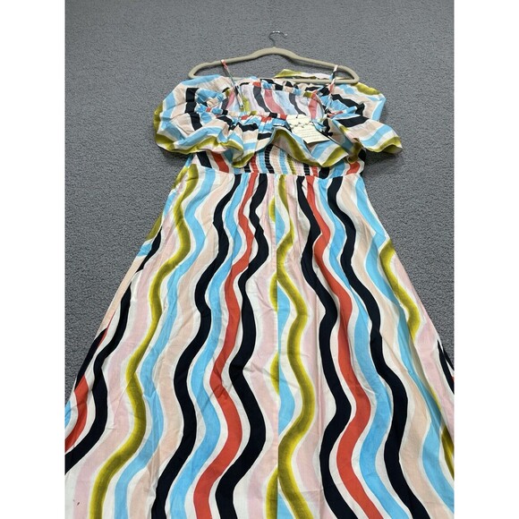 Farm Rio Anthropologie Maxi Dress Ruffle Blue Stripe Cotton Preppy Boho Sz M NWT - Picture 9 of 13